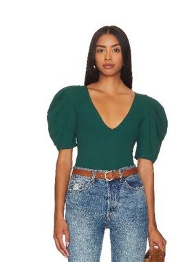 Deep Green Puff-Sleeve V-Neck Top